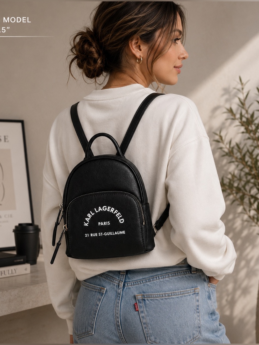 Karl Lagerfeld Black Leather Backpack with White Logo 21 Rue St-Guillaume Small